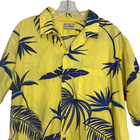 LL Bean Vintage 80's Hawaiian Shirt Mens XL Yellow Blue Palms Tropical - Picture 3 of 7
